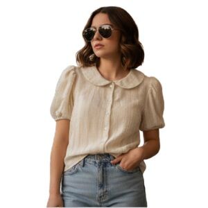 Cream Short-Sleeve Button Front Blouse with Peter Pan Collar
